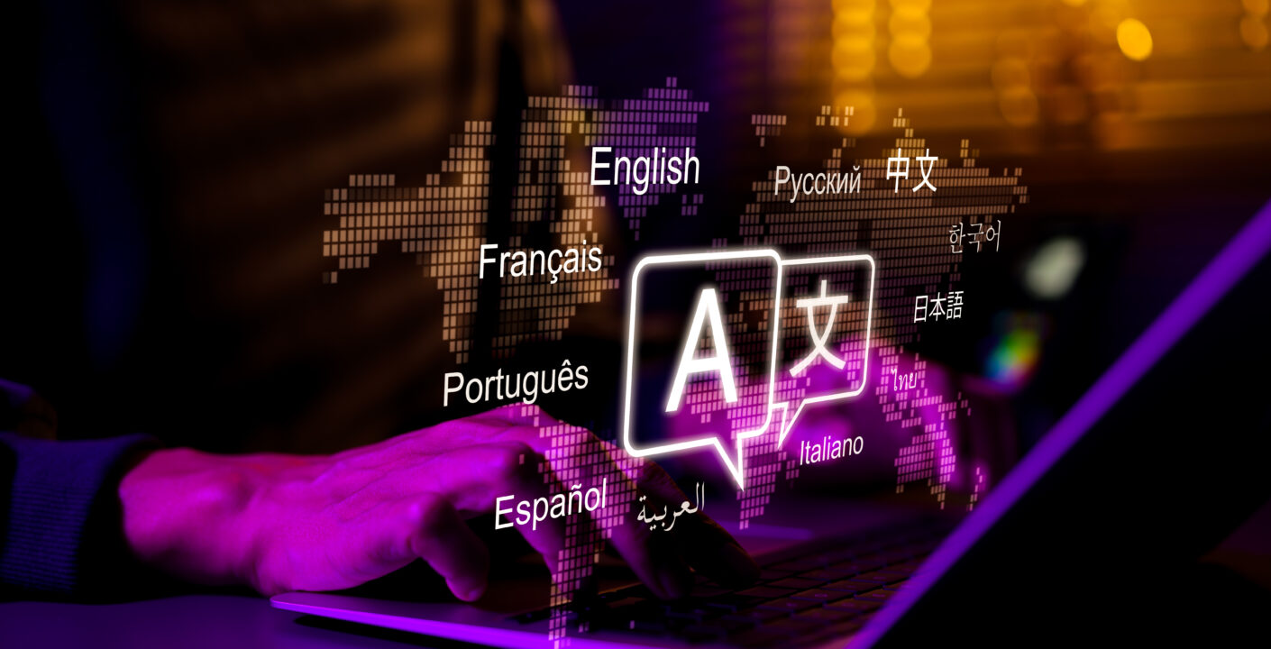 Multilingual Language Translation, Communication Concept. Man using laptop with icons various languages, global language translate, multilingual technology, international connections, AI translator
