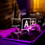 Multilingual Language Translation, Communication Concept. Man using laptop with icons various languages, global language translate, multilingual technology, international connections, AI translator