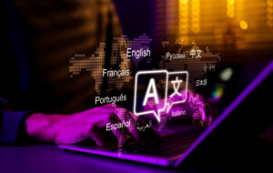 Multilingual Language Translation, Communication Concept. Man using laptop with icons various languages, global language translate, multilingual technology, international connections, AI translator