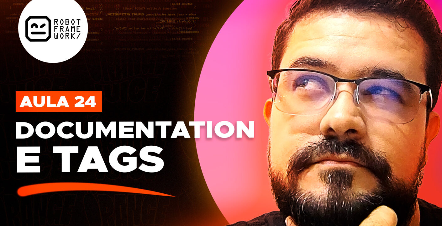 Título a direita escrito "Aula 24: documentation e tags". A esquerda, está uma foto do Cleyton.