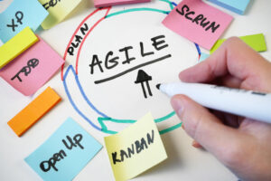 Foco na palavra "AGILE" escrita no centro de um círculo em um quadro branco, rodeada por post-its coloridos com termos como Scrum, Kanban, XP, To Do, Plan e Open Up, representando conceitos das metodologias ágeis. Uma mão segura uma caneta e destaca a palavra "AGILE".