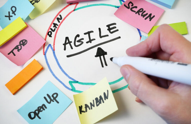 Foco na palavra "AGILE" escrita no centro de um círculo em um quadro branco, rodeada por post-its coloridos com termos como Scrum, Kanban, XP, To Do, Plan e Open Up, representando conceitos das metodologias ágeis. Uma mão segura uma caneta e destaca a palavra "AGILE".
