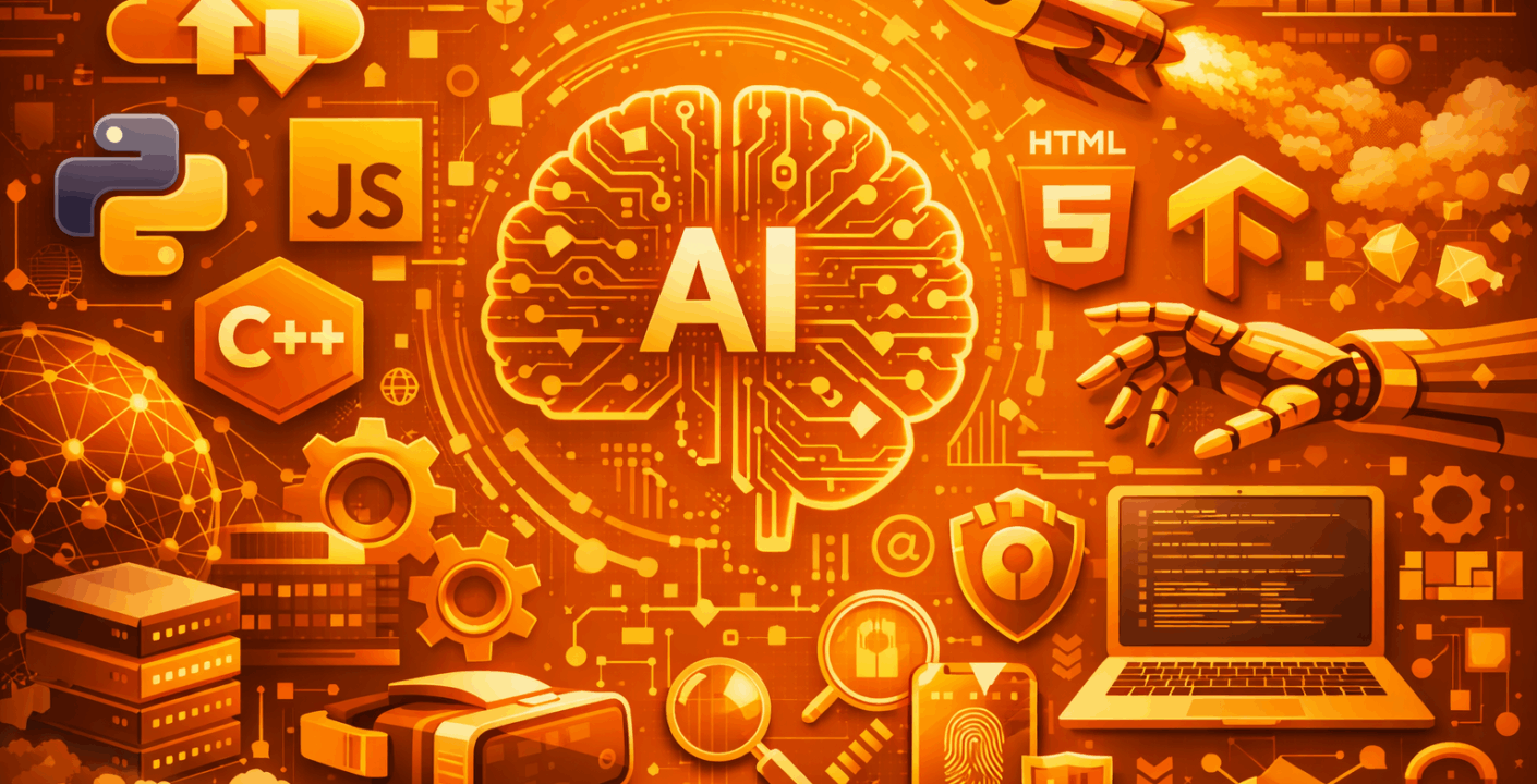 Ilustração futurista representando as tendências da tecnologia para 2026, com foco em inteligência artificial, cloud computing, desenvolvimento de software, segurança da informação e inovação tecnológica.