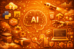 Ilustração futurista representando as tendências da tecnologia para 2026, com foco em inteligência artificial, cloud computing, desenvolvimento de software, segurança da informação e inovação tecnológica.