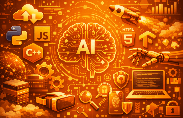 Ilustração futurista representando as tendências da tecnologia para 2026, com foco em inteligência artificial, cloud computing, desenvolvimento de software, segurança da informação e inovação tecnológica.