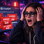 Desenvolvedora assustada usando inteligência artificial no computador, com várias mensagens de erro na tela do ChatGPT, representando o medo inicial ao começar com IA.