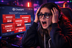 Desenvolvedora assustada usando inteligência artificial no computador, com várias mensagens de erro na tela do ChatGPT, representando o medo inicial ao começar com IA.
