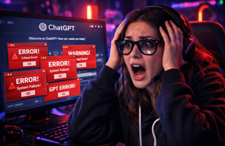 Desenvolvedora assustada usando inteligência artificial no computador, com várias mensagens de erro na tela do ChatGPT, representando o medo inicial ao começar com IA.
