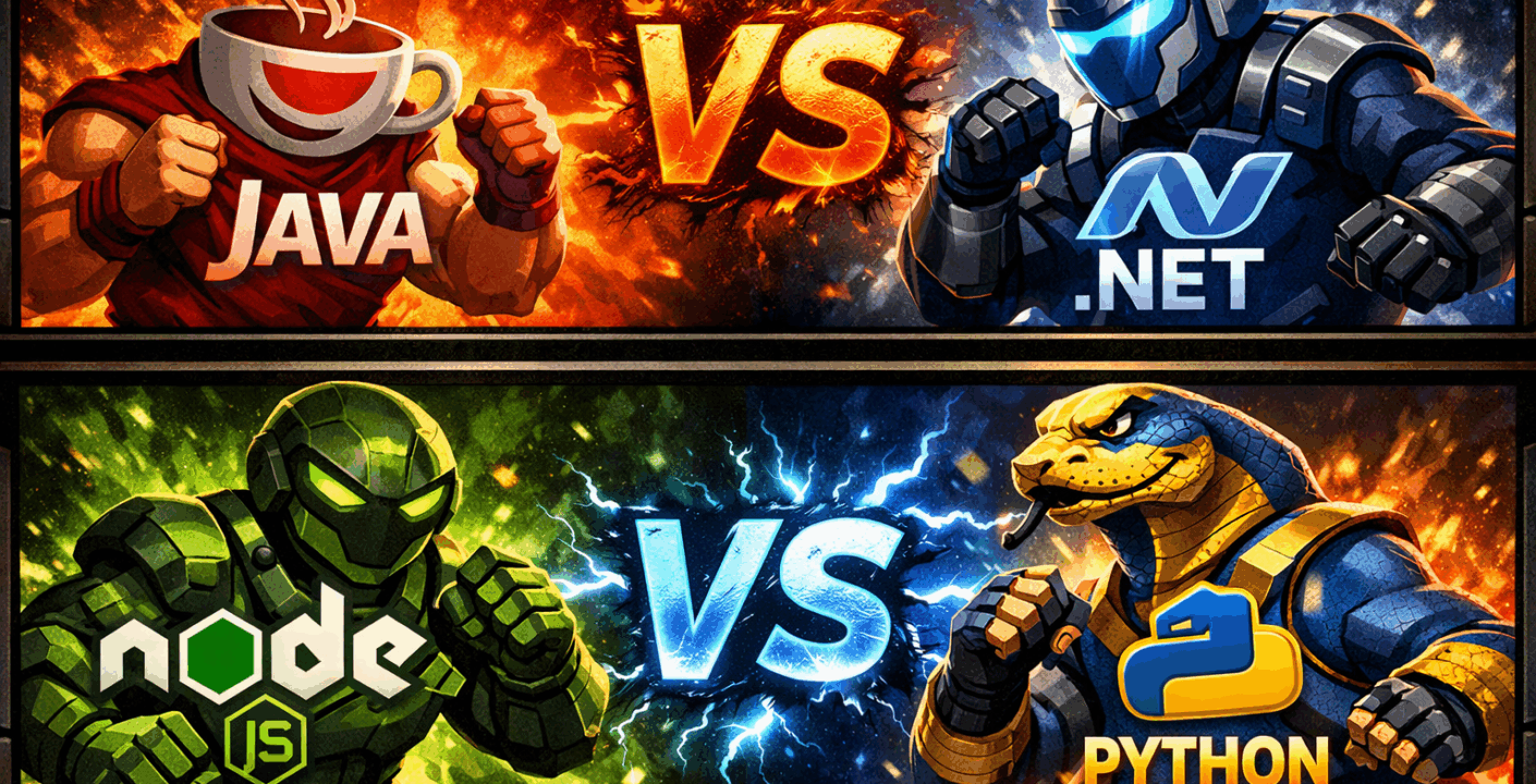 Painel em estilo jogo de luta comparando linguagens de programação back end: Java enfrenta .NET na parte superior, com efeitos de fogo e energia, enquanto Node.js enfrenta Python na parte inferior, com raios e cores vibrantes. Diferença entre linguagens de programação back end.