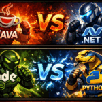 Painel em estilo jogo de luta comparando linguagens de programação back end: Java enfrenta .NET na parte superior, com efeitos de fogo e energia, enquanto Node.js enfrenta Python na parte inferior, com raios e cores vibrantes. Diferença entre linguagens de programação back end.