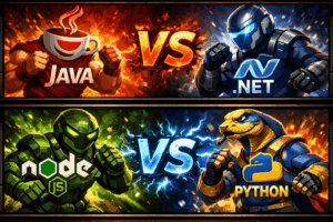 Painel em estilo jogo de luta comparando linguagens de programação back end: Java enfrenta .NET na parte superior, com efeitos de fogo e energia, enquanto Node.js enfrenta Python na parte inferior, com raios e cores vibrantes. Diferença entre linguagens de programação back end.