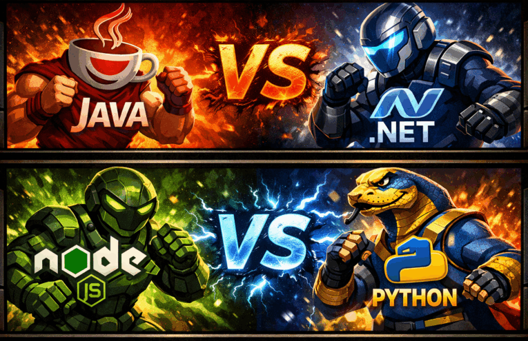 Painel em estilo jogo de luta comparando linguagens de programação back end: Java enfrenta .NET na parte superior, com efeitos de fogo e energia, enquanto Node.js enfrenta Python na parte inferior, com raios e cores vibrantes. Diferença entre linguagens de programação back end.