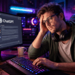 Homem jovem com estilo nerd, usando óculos, sentado em frente a um computador em um quarto gamer iluminado por LEDs coloridos. Ele olha para a tela do monitor com expressão de cansaço, apoiando a cabeça com a mão. Na tela do computador aparece a interface do ChatGPT, e ao redor há teclado gamer, fones de ouvido e luzes em tons de roxo e azul, criando um ambiente tecnológico e noturno.