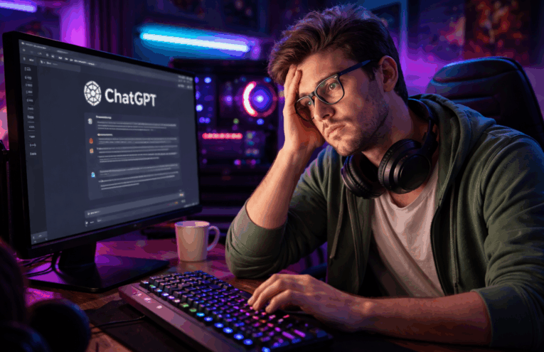 Homem jovem com estilo nerd, usando óculos, sentado em frente a um computador em um quarto gamer iluminado por LEDs coloridos. Ele olha para a tela do monitor com expressão de cansaço, apoiando a cabeça com a mão. Na tela do computador aparece a interface do ChatGPT, e ao redor há teclado gamer, fones de ouvido e luzes em tons de roxo e azul, criando um ambiente tecnológico e noturno.