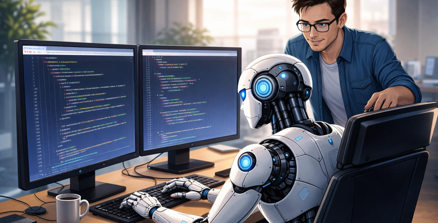 Robô de inteligência artificial revisando código HTML e CSS em dois monitores, enquanto uma pessoa observa e orienta por trás, representando revisão de código com IA em um ambiente de trabalho moderno e colaborativo.