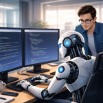 Robô de inteligência artificial revisando código HTML e CSS em dois monitores, enquanto uma pessoa observa e orienta por trás, representando revisão de código com IA em um ambiente de trabalho moderno e colaborativo.