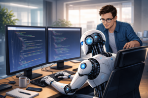 Robô de inteligência artificial revisando código HTML e CSS em dois monitores, enquanto uma pessoa observa e orienta por trás, representando revisão de código com IA em um ambiente de trabalho moderno e colaborativo.