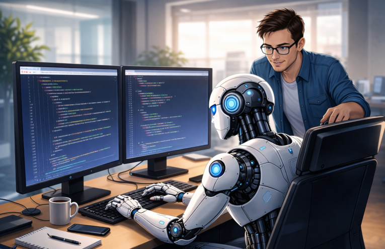 Robô de inteligência artificial revisando código HTML e CSS em dois monitores, enquanto uma pessoa observa e orienta por trás, representando revisão de código com IA em um ambiente de trabalho moderno e colaborativo.